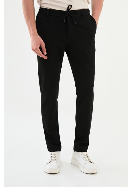 Düz Siyah Super Slim Fit Beli Lastikli İpli Erkek Pantolon