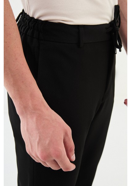Düz Siyah Super Slim Fit Beli Lastikli İpli Erkek Pantolon fiyatları