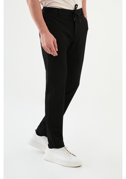 Düz Siyah Super Slim Fit Beli Lastikli İpli Erkek Pantolon modelleri
