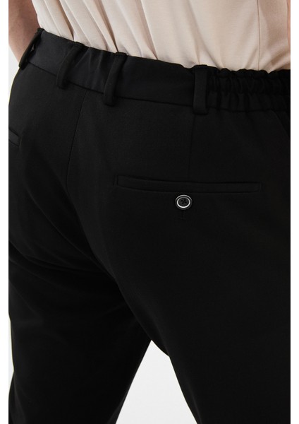 Düz Siyah Super Slim Fit Beli Lastikli İpli Erkek Pantolon