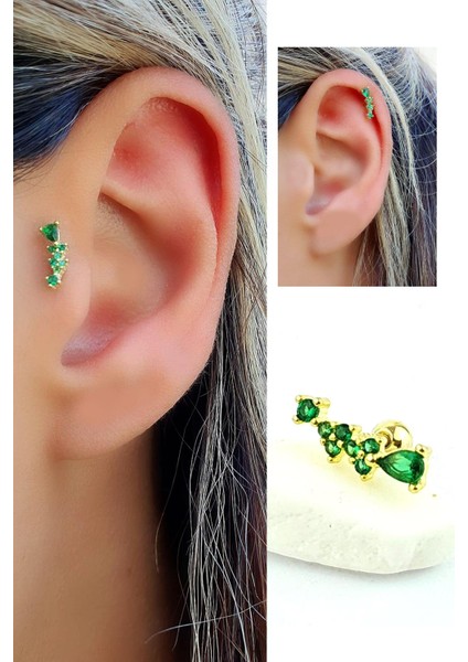 Yeşil Zirkon Taşlı 925AYAR Gümüş Üzerine Altın Kaplama Tragus ve Helix Kikirdak Piercing