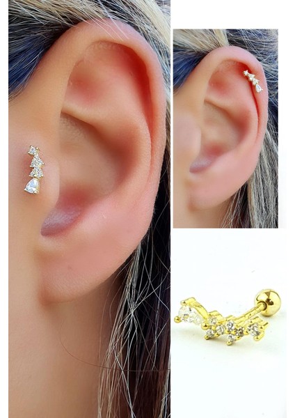 Zirkon Taşlı 925AYAR Gümüş Üzerine Altın Kaplama Tragus ve Helix Kikirdak Piercing
