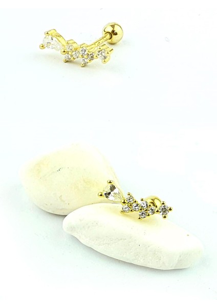 Zirkon Taşlı 925AYAR Gümüş Üzerine Altın Kaplama Tragus ve Helix Kikirdak Piercing fiyatları