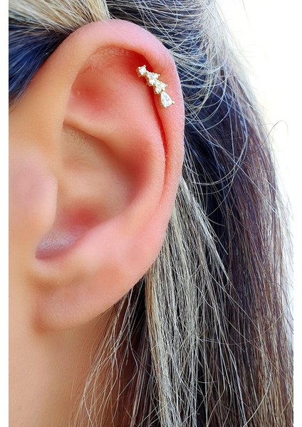 Zirkon Taşlı 925AYAR Gümüş Üzerine Altın Kaplama Tragus ve Helix Kikirdak Piercing modelleri