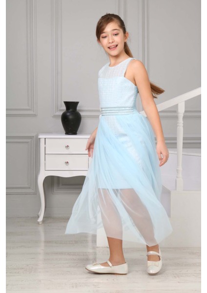 Kız Çocuk Güpür Desenli Bebe Mavi Abiye Elbise Mezuniyet Düğün Özel Gün ELBISESI-ABY-2001 fırsatları