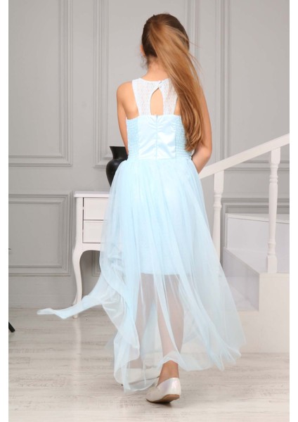 Kız Çocuk Güpür Desenli Bebe Mavi Abiye Elbise Mezuniyet Düğün Özel Gün ELBISESI-ABY-2001 indirimleri