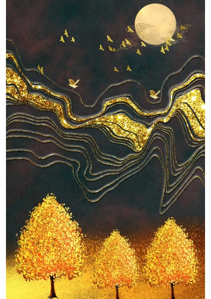 Dekoratif Şık Tasarım Kuşlar ve Ağaçlar Kanvas Tablo