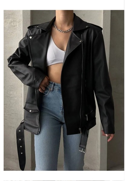 Yeni Sezon Kadın Oversize Cep Detay Kemerli Deri Ceket Mont