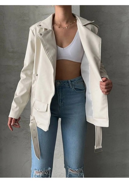 Yeni Sezon Kadın Oversize Cep Detay Kemerli Deri Ceket Mont