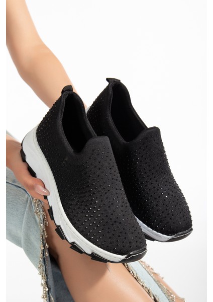 Comfystride Kadın Siyah Taşlı Triko Çorap Spor Ayakkabı Sneaker