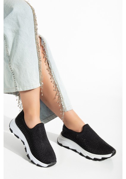 Comfystride Kadın Siyah Taşlı Triko Çorap Spor Ayakkabı Sneaker