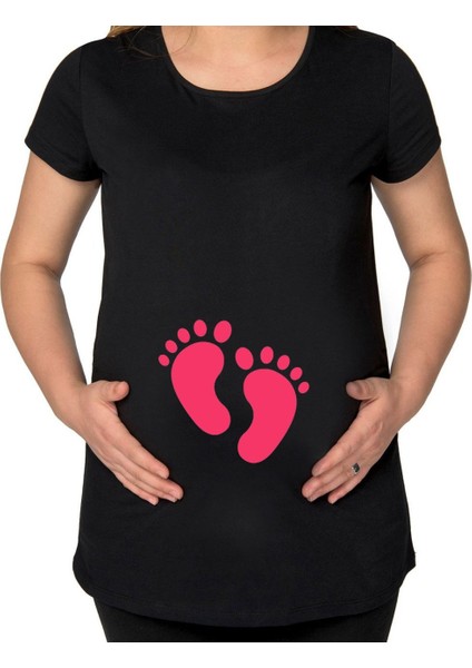 Gift Kız Bebek Ayak Izi Tasarımlı Siyah Hamile Tişört-1