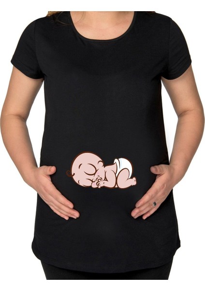 Gift Bebek Tasarımlı Siyah Hamile Tişört-1