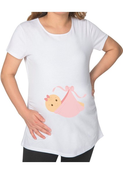 Gift Kız Bebek Tasarımlı Beyaz Hamile Tişört-3
