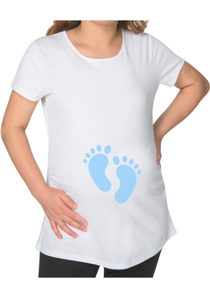 Gift Erkek Bebek Ayak Izi Tasarımlı Beyaz Hamile Tişört-1