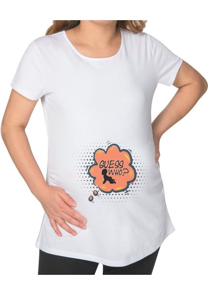 Gift Guess Who Tasarımlı Beyaz Hamile Tişört-1