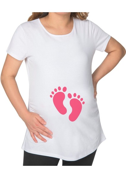 Gift Kız Bebek Ayak Izi Tasarımlı Beyaz Hamile Tişört-1