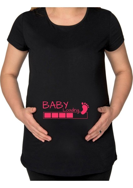Gift Baby Loading Tasarımlı Siyah Hamile Tişört-2