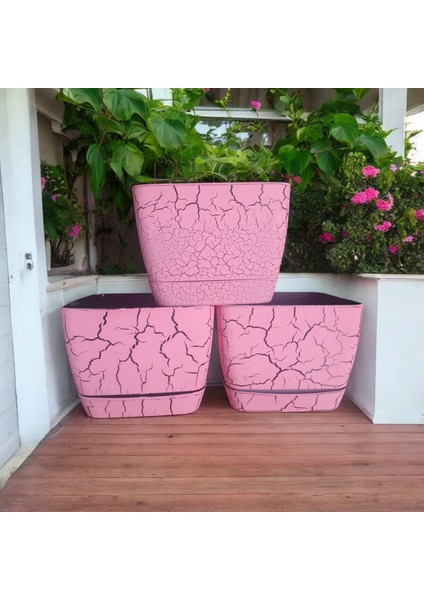 18 cm Mermer Desenli Kare Tabaklı Saksı (3 Adet)