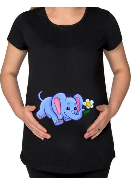 Gift Bebek Fil Tasarımlı Siyah Hamile Tişört-1