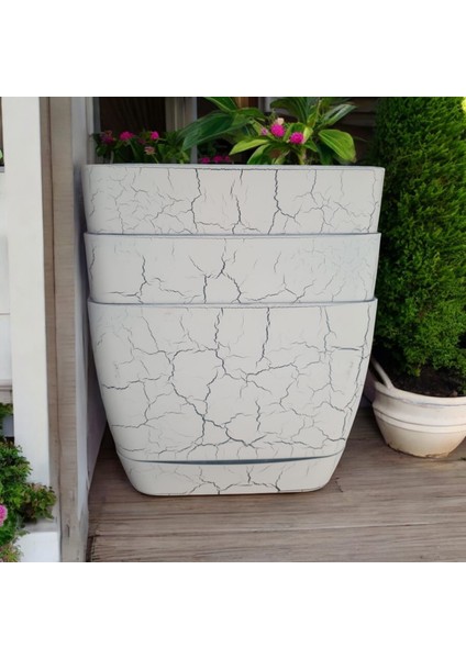 18 cm Mermer Desenli Kare Tabaklı Saksı (3 Adet)
