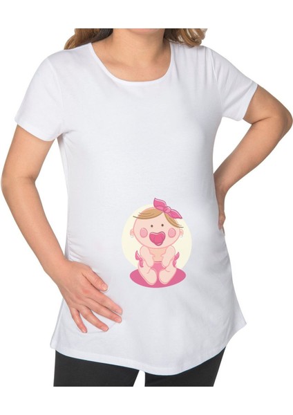 Gift Kız Bebek Tasarımlı Beyaz Hamile Tişört-2