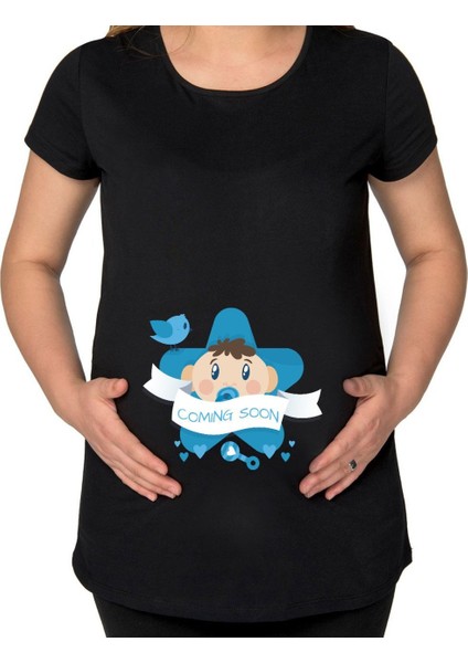 Gift Coming Soon Tasarımlı Siyah Hamile Tişört-3