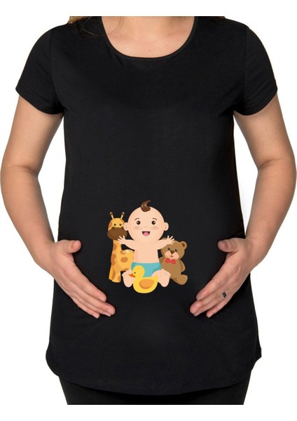 Gift Erkek Bebek Tasarımlı Siyah Hamile Tişört-3