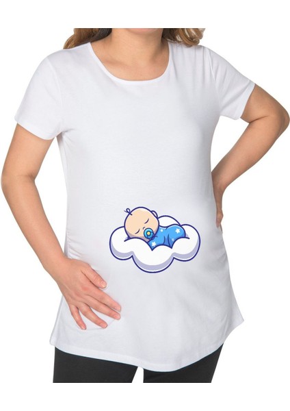 Gift Uyuyan Bebek Tasarımlı Beyaz Hamile Tişört-1