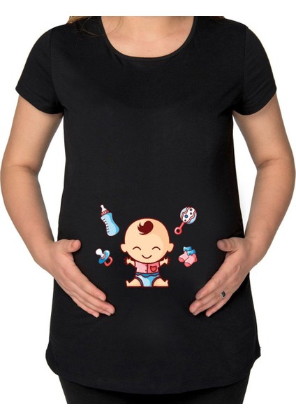 Gift Bebek Tasarımlı Siyah Hamile Tişört-2