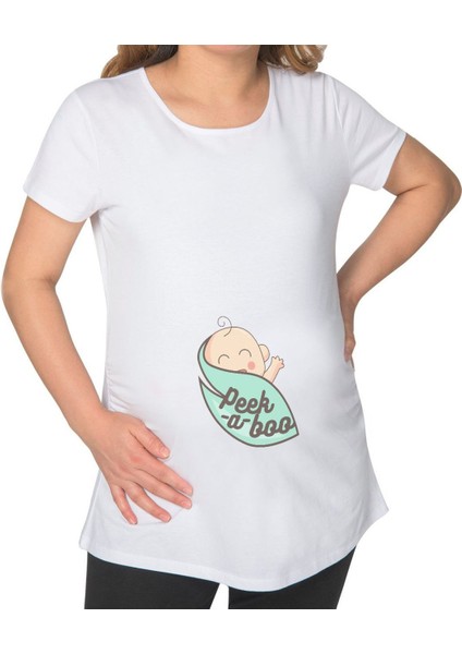 Gift Peek A Boo Tasarımlı Beyaz Hamile Tişört-1