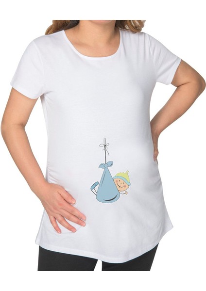 Gift Erkek Bebek Ayak Izi Tasarımlı Beyaz Hamile Tişört-2