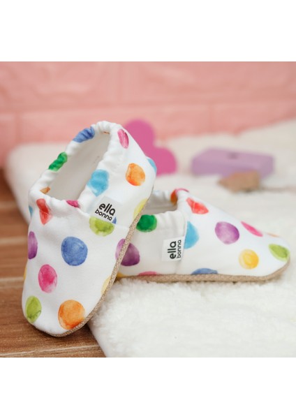 Desenli Bebek Patiği, Kaydırmaz Taban, Ev Kreş Ayakkabısı Panduf, Renkli Noktalar
