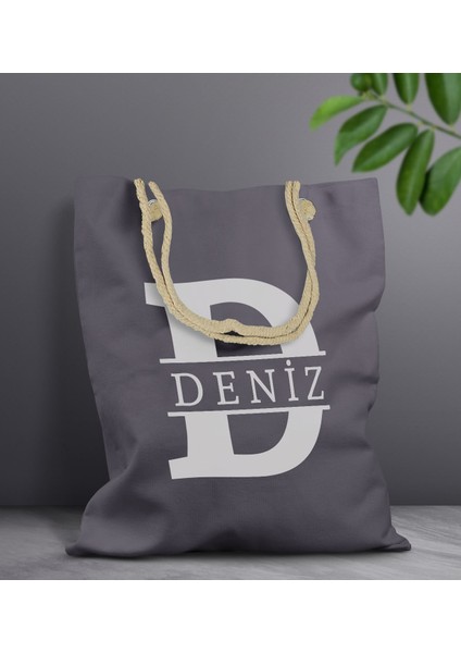 Kişiye Özel Harfli Antrasit Halat Saplı Kumaş Bez Çanta-1, Baskılı Omuz Çantası, Alışveriş Çantası fiyatları