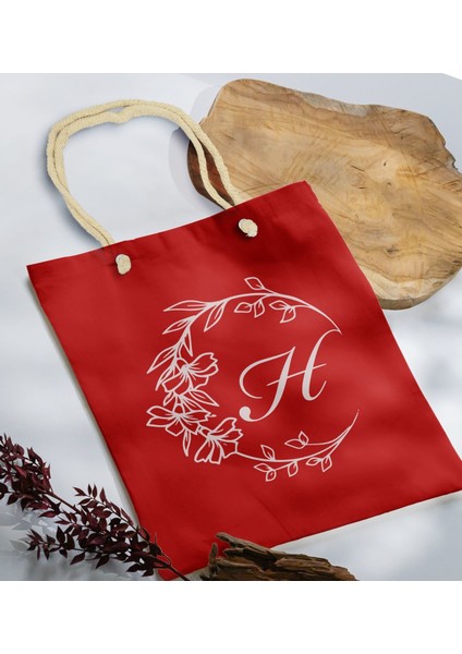 Kişiye Özel Harfli Kırmızı Halat Saplı Kumaş Bez Çanta-4, Baskılı Omuz Çantası, Alışveriş Çantası