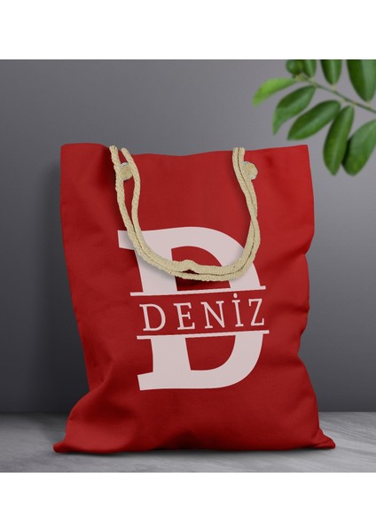 Kişiye Özel Harfli Kırmızı Halat Saplı Kumaş Bez Çanta-1, Baskılı Omuz Çantası, Alışveriş Çantası fiyatları