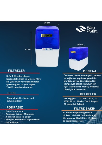 14 Aşamalı Multimineralli Alkalili Pompasız Kapalı Kasa Su Arıtma Cihazı Mavi