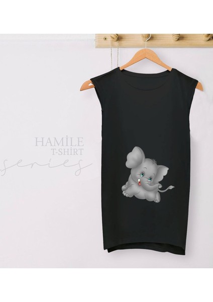 Bebek Fil Tasarımlı Siyah Sıfır Kol Hamile Tişört-2, Hamile Giyim, Eşe Hediye fiyatları
