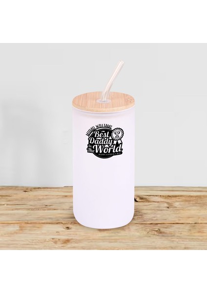 Isimli Dad Tasarımlı Beyaz Renk Pipetli Buzlu Cam Bardak 600ML - 3, Babaya Hediye, Doğum Günü Hediyesi