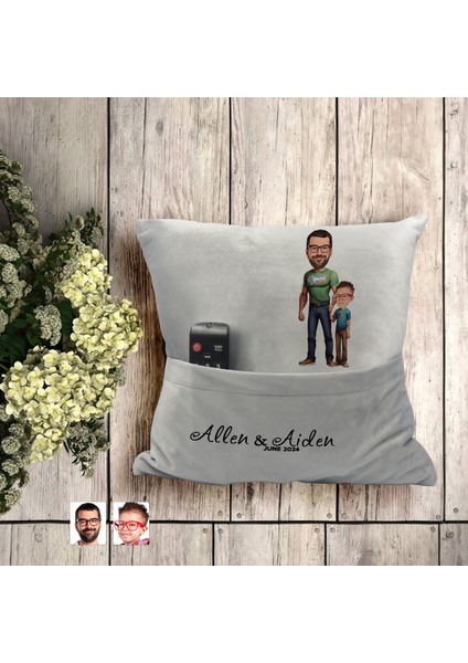 Kişiye Özel Baba Oğul Karikatür Tasarımlı Organizer Kumanda ve Atıştırmalık Cepli Gri Kırlent Yastık-21 Arkadaşa , Cepli Yastık fiyatları