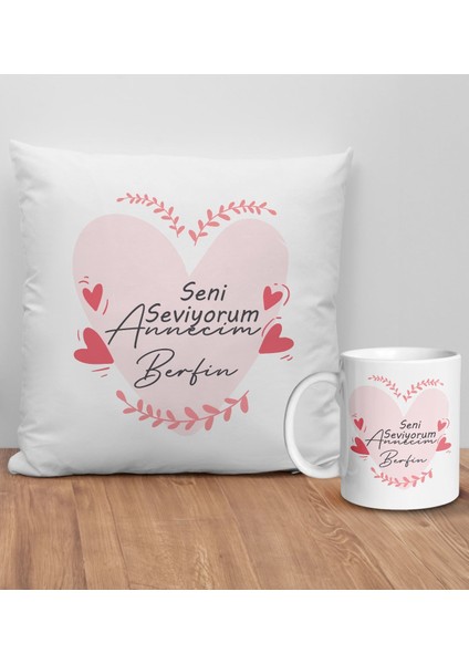 Kişiye Özel Anne Tasarımlı Beyaz Kırlent Yastık ve Kupa Seti-8, Anneye , Anneler Günü leri