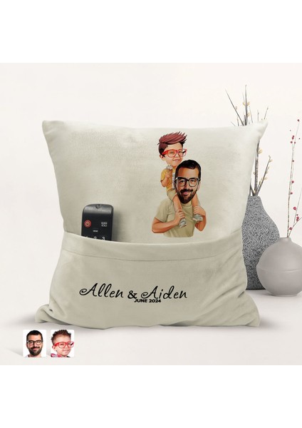 Kişiye Özel Baba Oğul Karikatür Tasarımlı Organizer Kumanda ve Atıştırmalık Cepli Sarı Kırlent Yastık-20 Arkadaşa , Cepli Yastık fiyatları