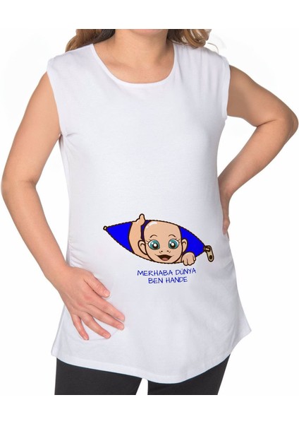 Kişiye Özel Isimli Merhaba Dünya Tasarımlı Beyaz Sıfır Kol Hamile Tişört-2, Hamile Giyim, Eşe Hediye