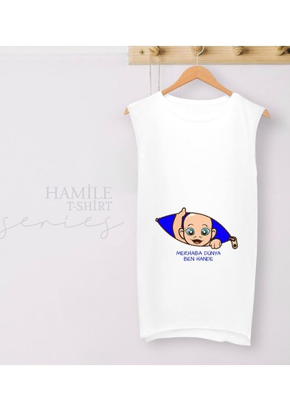 Kişiye Özel Isimli Merhaba Dünya Tasarımlı Beyaz Sıfır Kol Hamile Tişört-2, Hamile Giyim, Eşe Hediye fiyatları