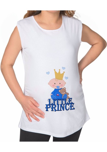 Bk Gift Little Prince Tasarımlı Beyaz Sıfır Kol Hamile Tişört-1, Hamile Giyim, Eşe Hediye