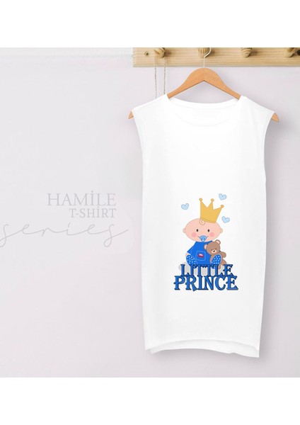 Bk Gift Little Prince Tasarımlı Beyaz Sıfır Kol Hamile Tişört-1, Hamile Giyim, Eşe Hediye