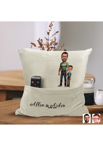 Kişiye Özel Baba Oğul Karikatür Tasarımlı Organizer Kumanda ve Atıştırmalık Cepli Sarı Kırlent Yastık-21 Arkadaşa , Cepli Yastık