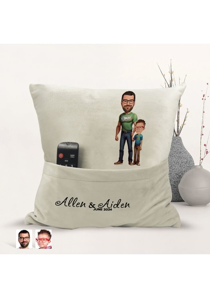 Kişiye Özel Baba Oğul Karikatür Tasarımlı Organizer Kumanda ve Atıştırmalık Cepli Sarı Kırlent Yastık-21 Arkadaşa , Cepli Yastık fiyatları