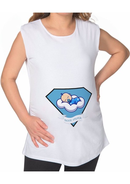 Kişiye Özel Isimli Uyuyor Tasarımlı Beyaz Sıfır Kol Hamile Tişört-5, Hamile Giyim, Eşe Hediye