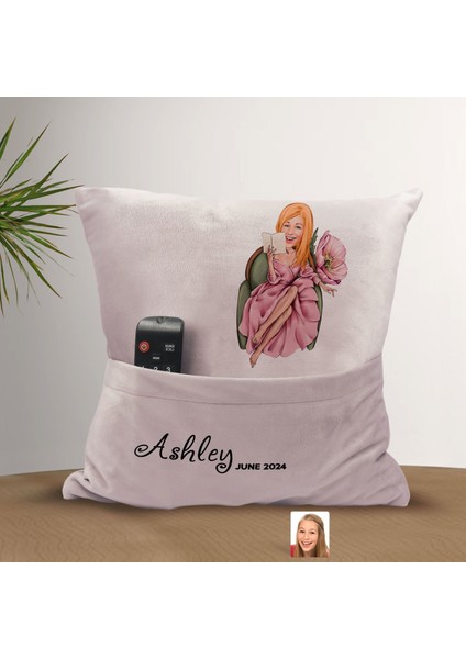 Kişiye Özel Kadın Karikatür Tasarımlı Organizer Kumanda ve Atıştırmalık Cepli Pembe Kırlent YASTIK-103 Arkadaşa , Cepli Yastık fiyatları